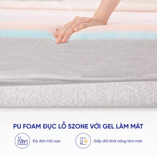 Nệm Foam Comfy Lux 1.0 29 PU Foam đục lỗ 5Zone với gel làm mát